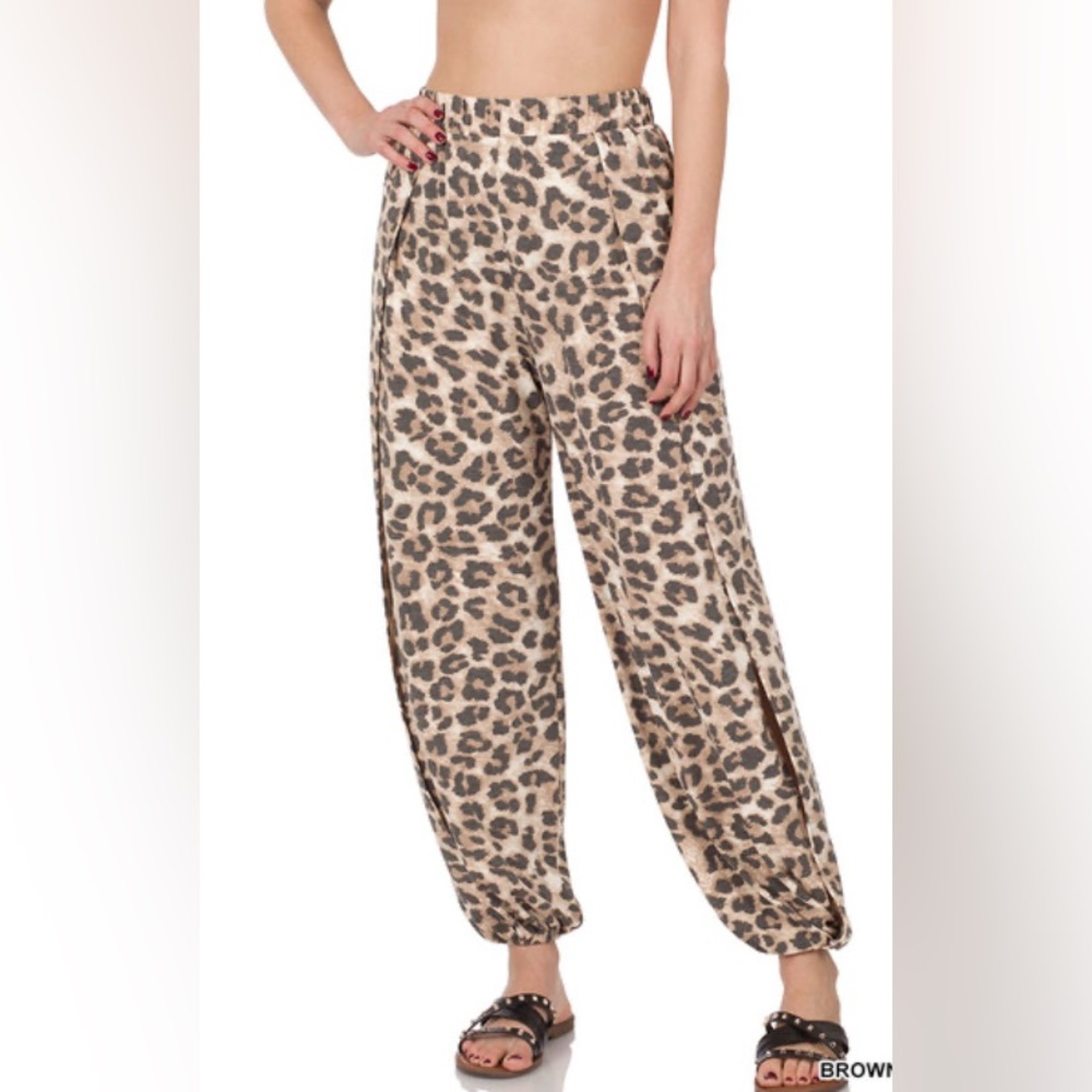 High-Rise Leopard Split-Side Lounge Pants - Brown - Picture 5 of 7